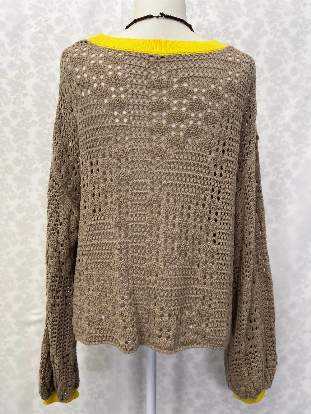 Free People Tan Brown Open-Knit Sweater with Yellow Trim